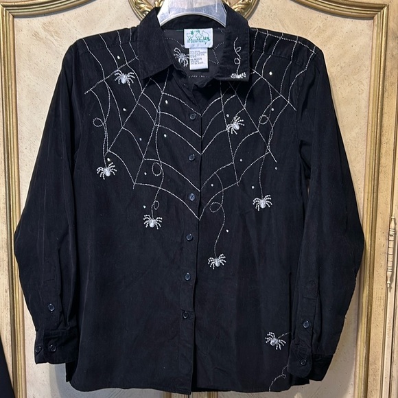 The Quacker Factory Black & Silver Embroidered Spiders Web Button Front Shirt - Picture 1 of 6